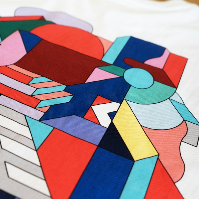 Colourful geometric print on a white garment